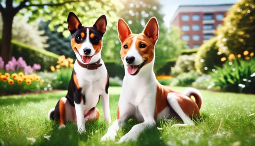 Two Basenjis sitting next to each other on the grass in a park