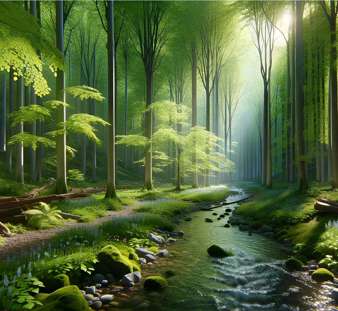 Light coming through trees in a forest